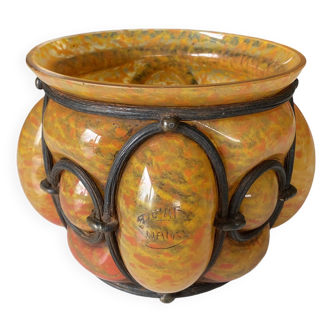 Vase Pâte de verre et fer forgé dit Lorrian par Delatte Nancy 1930 art déco