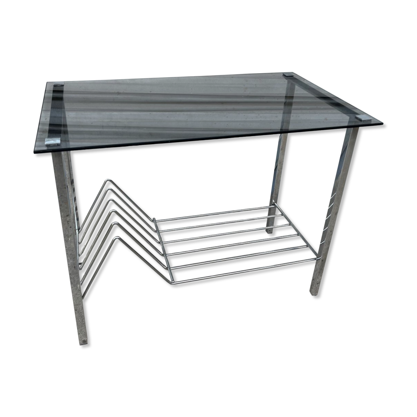Coffee table, vinyl storage or metal and smoked glass occasional furniture