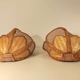 Pair of vintage 1960 wicker wall lamps and cannage half flower shape