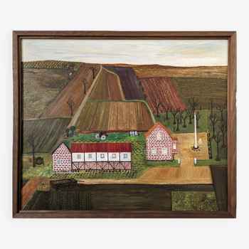 Peinture à l’huile de paysage de style naïf vintage moderne du milieu du siècle « La ferme en activité », encadrée