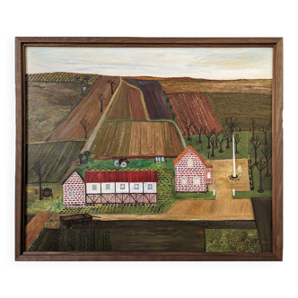 Peinture à l’huile de paysage de style naïf vintage moderne du milieu du siècle « La ferme en activité », encadrée