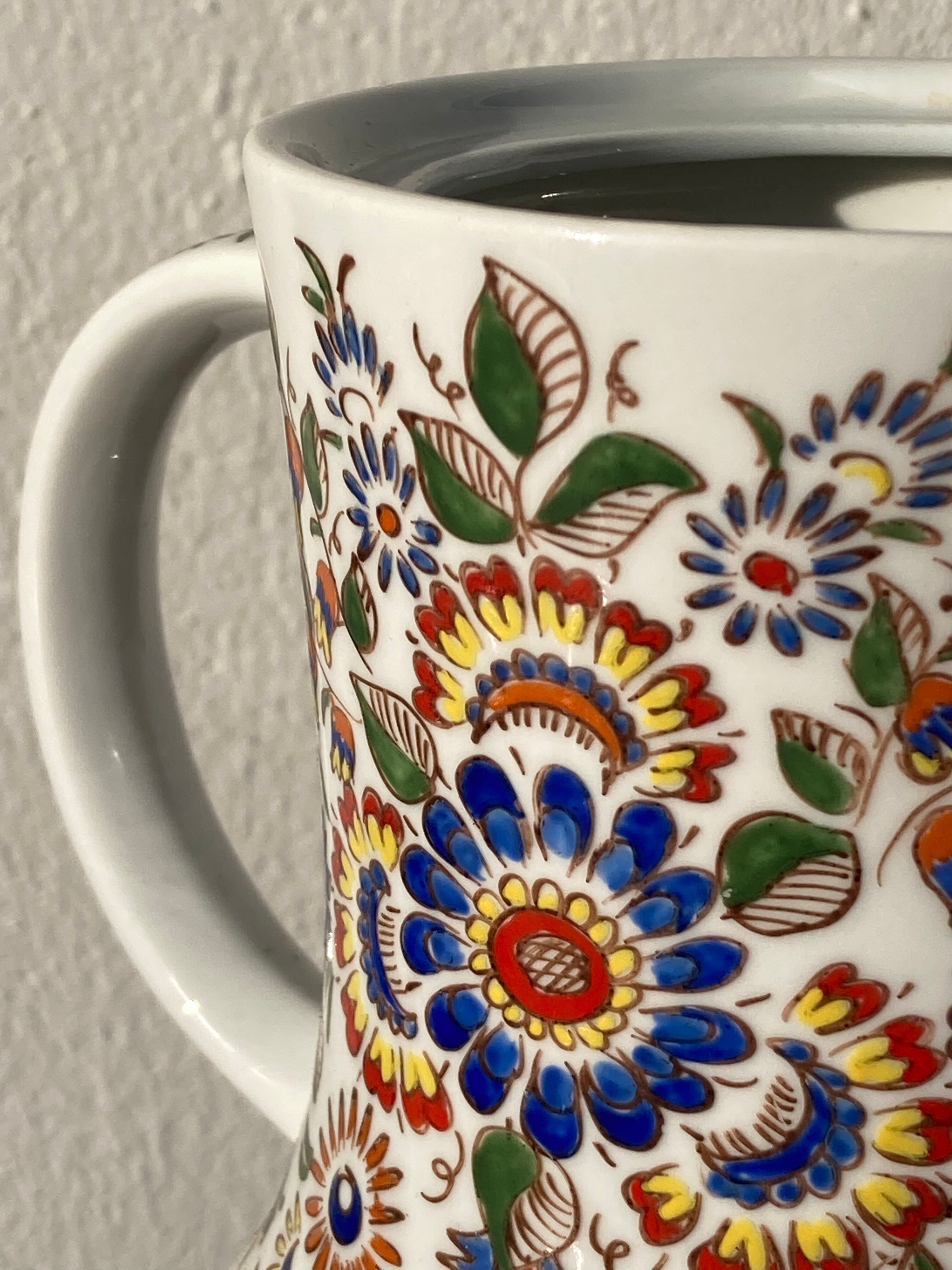 White hand-painted porcelain teapot with flowers Poland 1970s