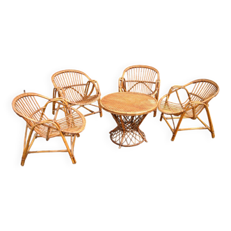 Salon de jardin vintage bambou et rotin - 4 fauteuils coquille et table osier 1960