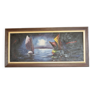 Grande huile originale suédoise du milieu du siècle sur toile « Voiliers » par Harry Olsson - vintage et encadrée