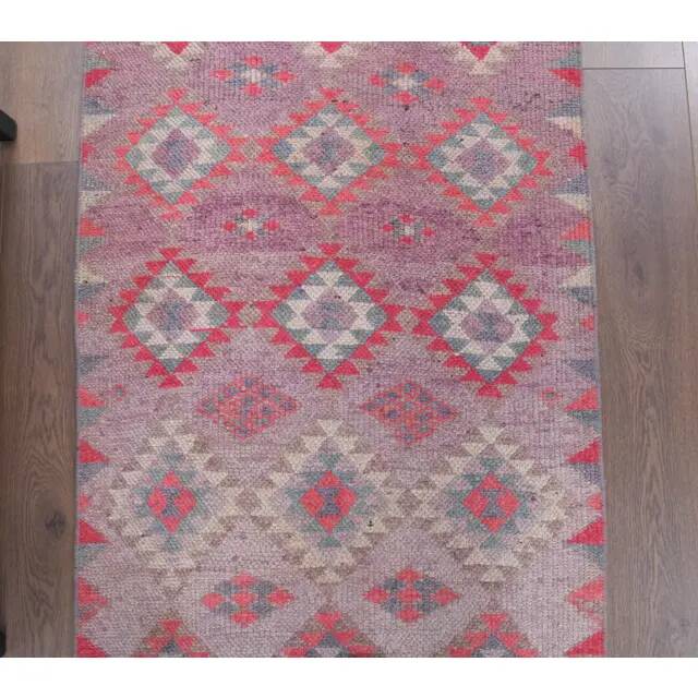 Vintage Turkish Hand-Knotted Wool Cotton Pink Runner 83x324