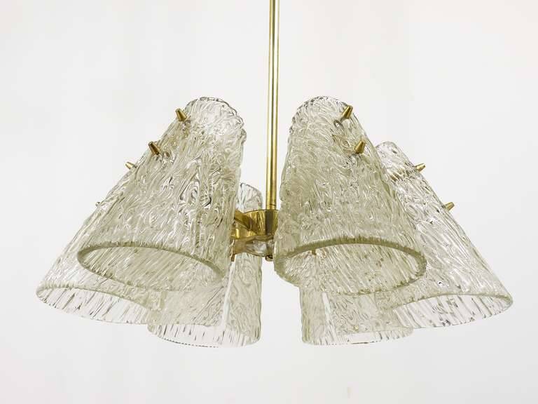 J.T. Kalmar Lustre in Brass, with Textured Glass Shade in Cone Shape, Austria, 1950