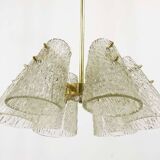 J.T. Kalmar Lustre in Brass, with Textured Glass Shade in Cone Shape, Austria, 1950