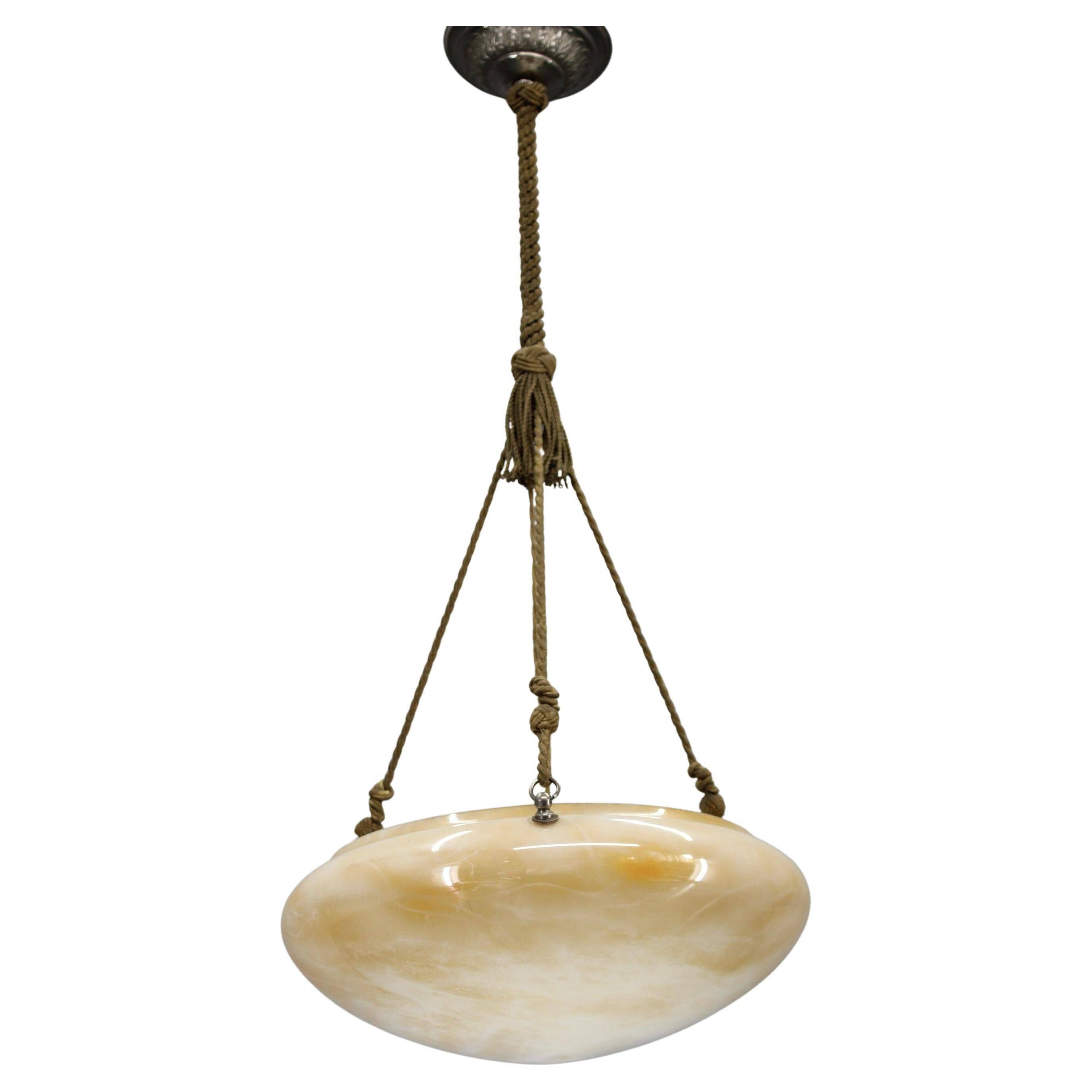 1930s European Secession–Art Deco pendant light with rope suspension and glass