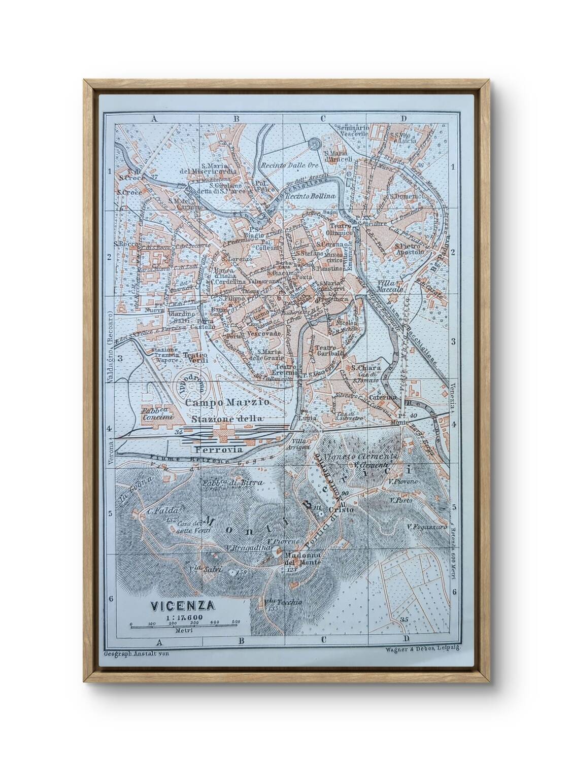 Vicenza, Italy, old map, printed in 1909. Authentic.