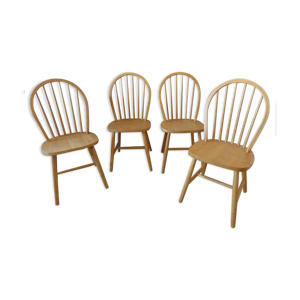 Set 4 chaises Windsor scandinave en hêtre massif années 1970
