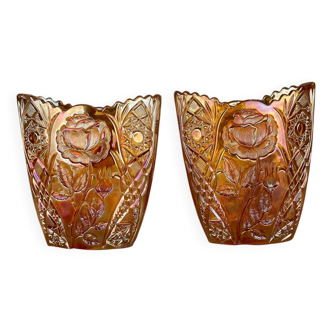 Pair of Brockwitz Carnival Glass Garden Rose Vases 1915