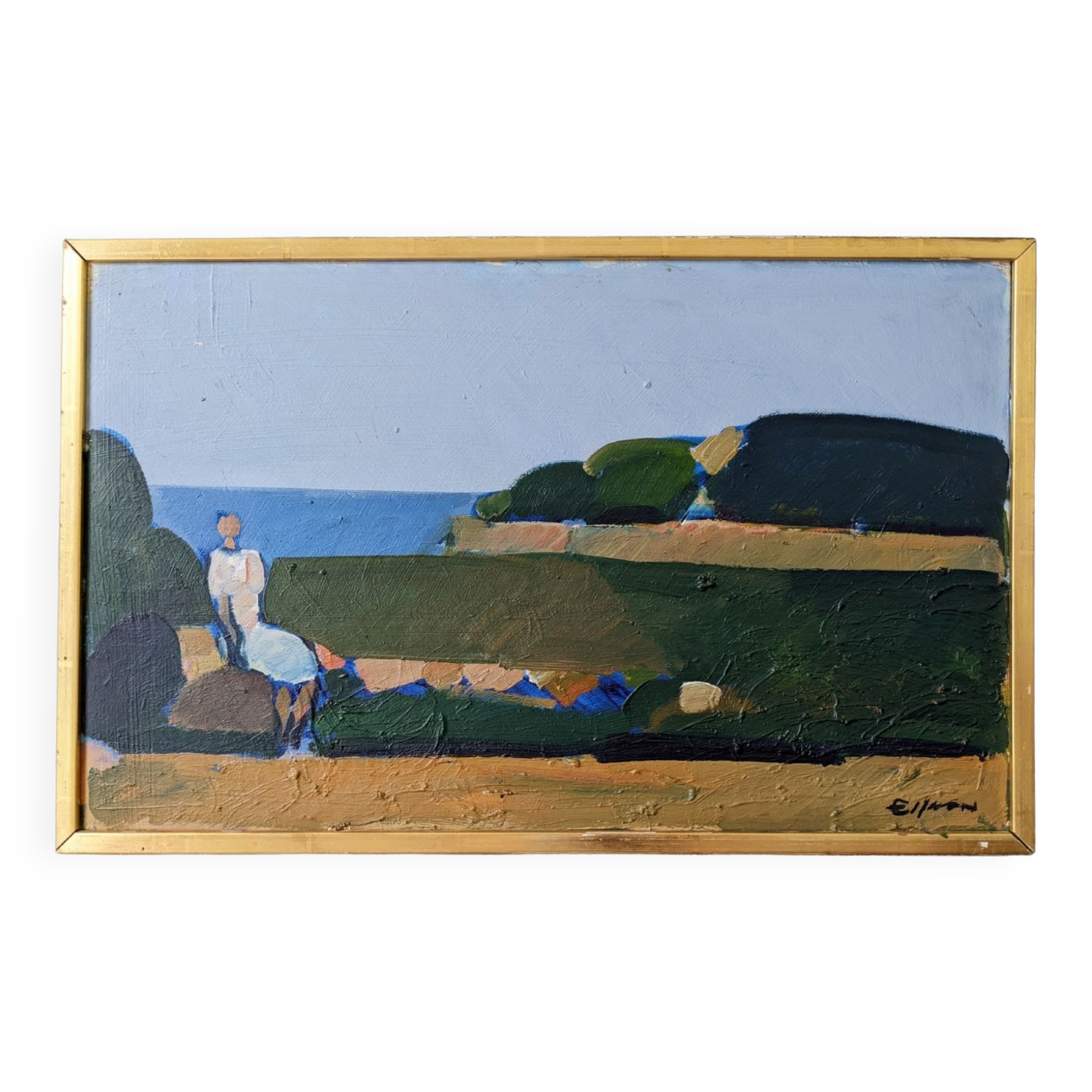 Mid-Century Modern Swedish Oil Painting "Coastal Musing" Framed Landscape
