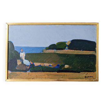 Mid-century modern Swedish oil painting "Coastal Musing" framed landscape