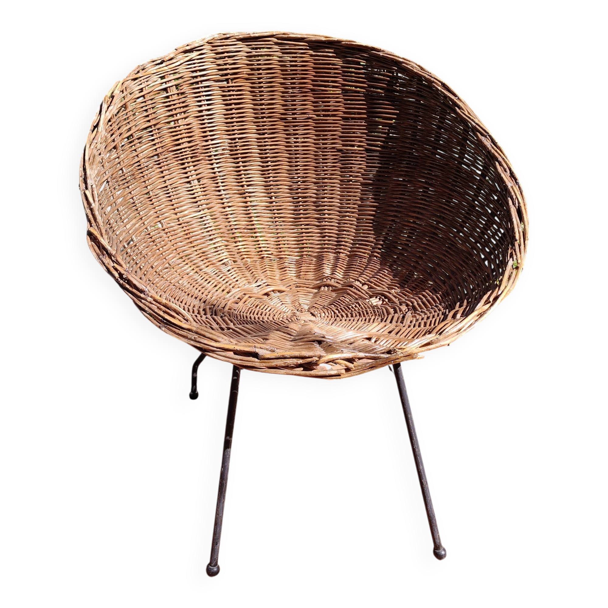 Vintage 1950s rattan and wrought iron basket armchair