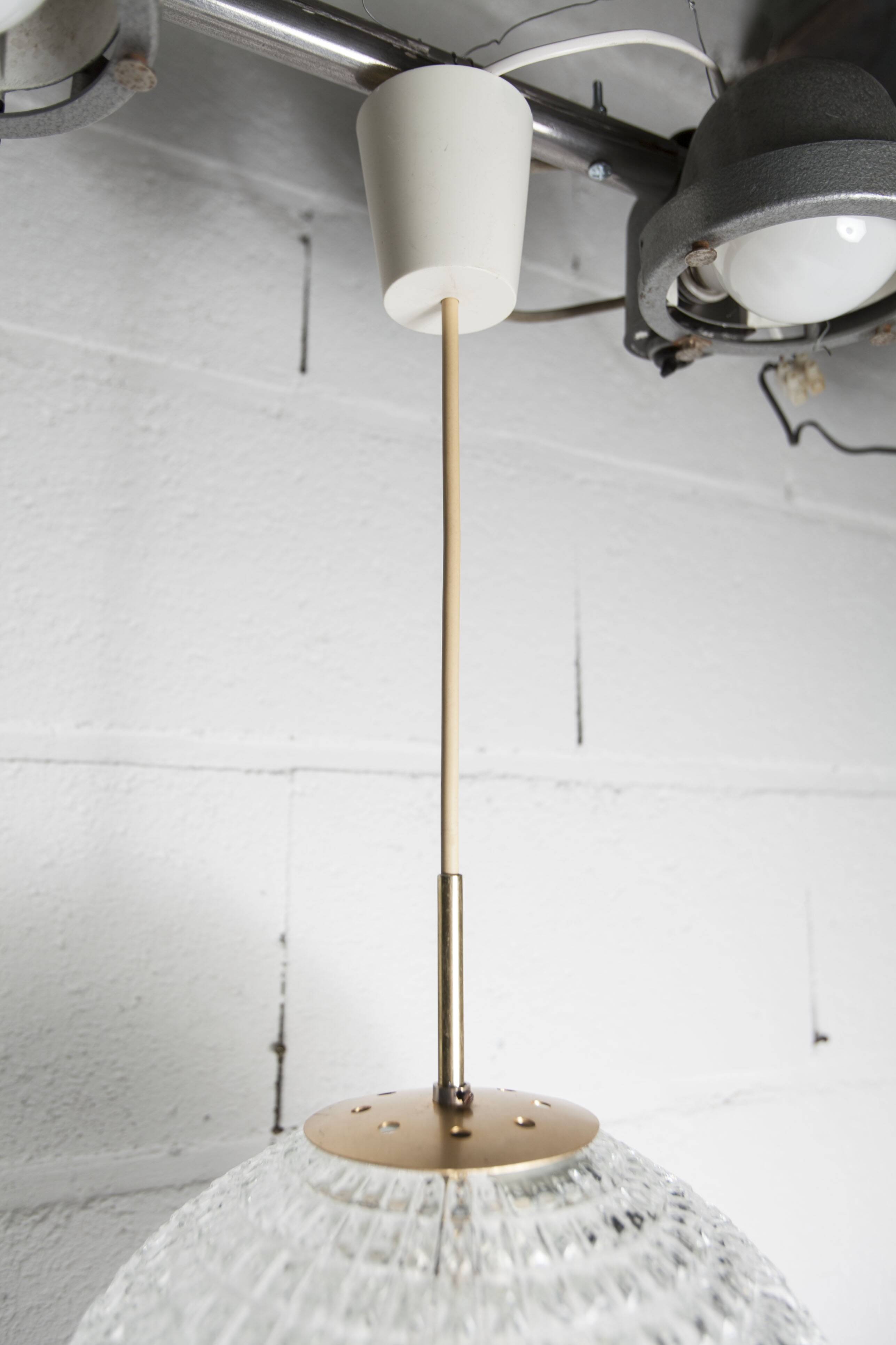 1960s Holophane Ball Pendant Chandelier, Thick Glass, 30 cm, and Vintage Brass