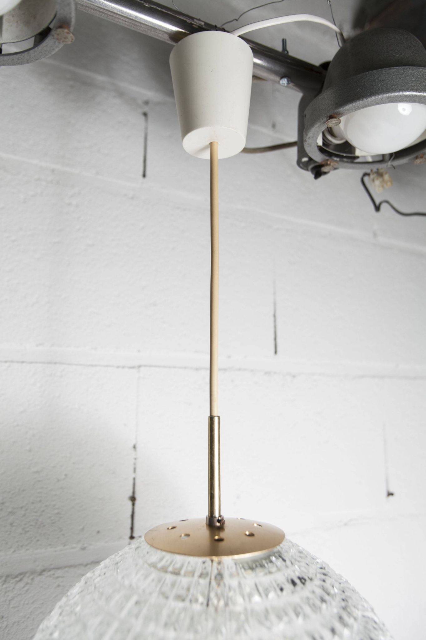 1960s Holophane Ball Pendant Chandelier, Thick Glass, 30 cm, and Vintage Brass