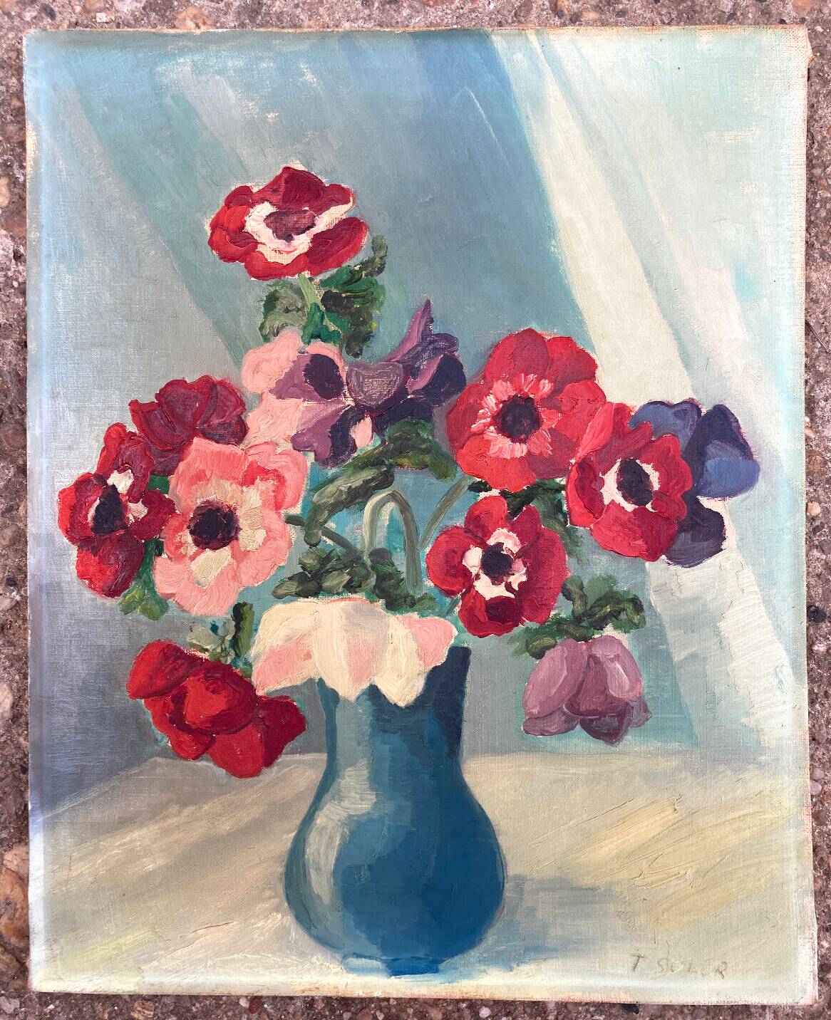 Tableau - bouquet de coquelicots dans son vase bleu