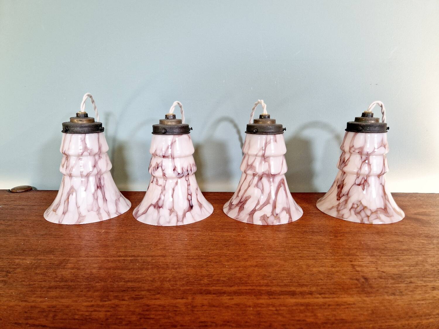 Art Deco pendant light in pink marbled opaline (4 available)