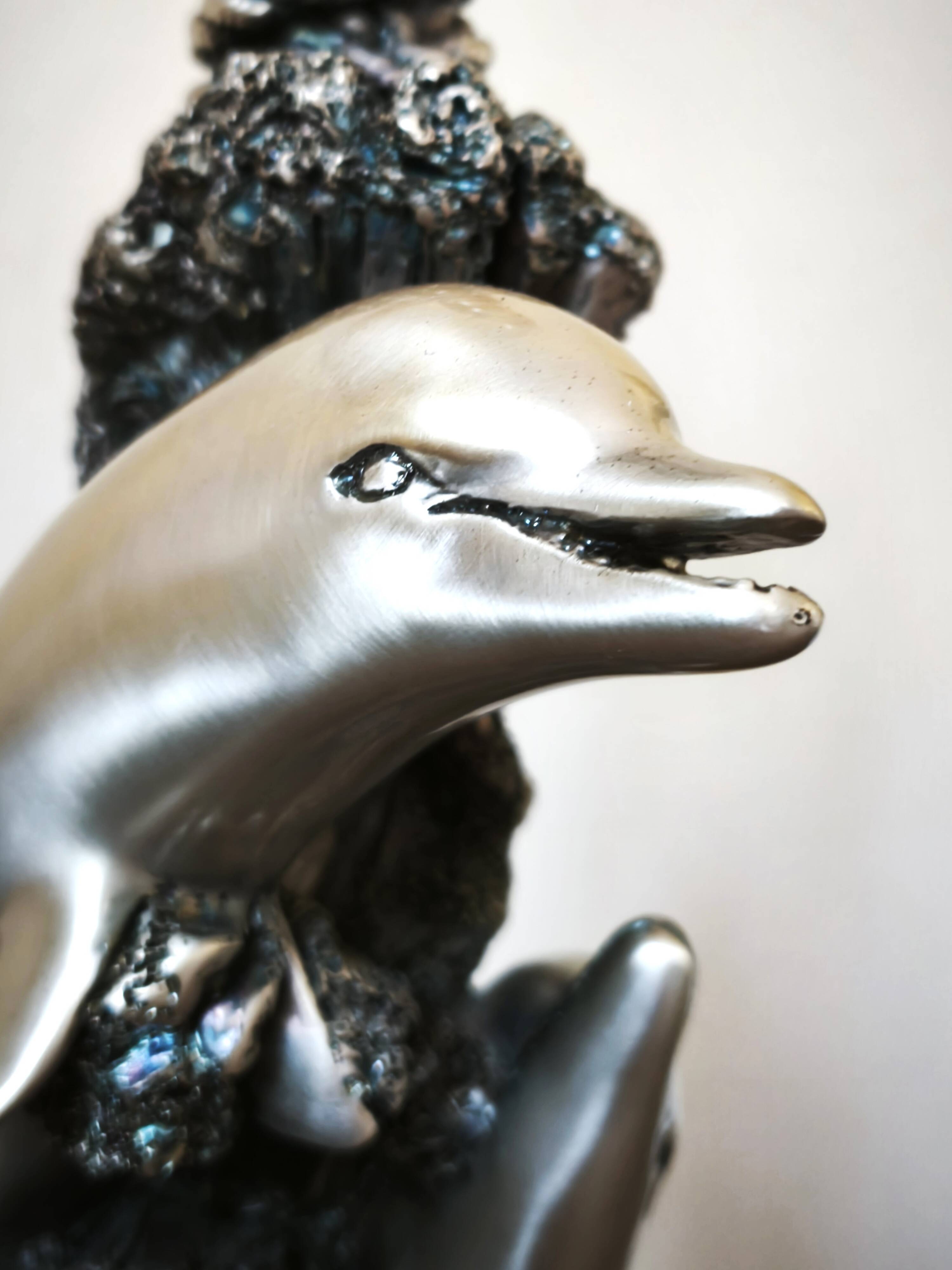 Large sculptural lamp MIDA Argenti silver dolphins Italy