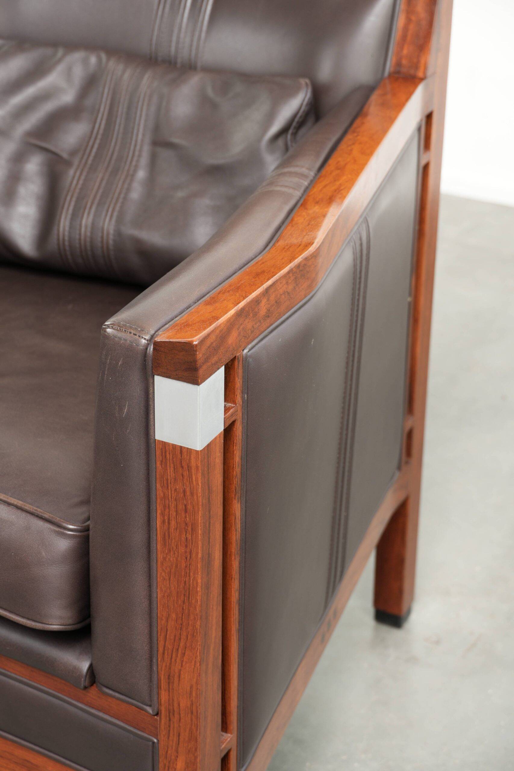 Art Deco design armchair with dark brown cowhide upholstery