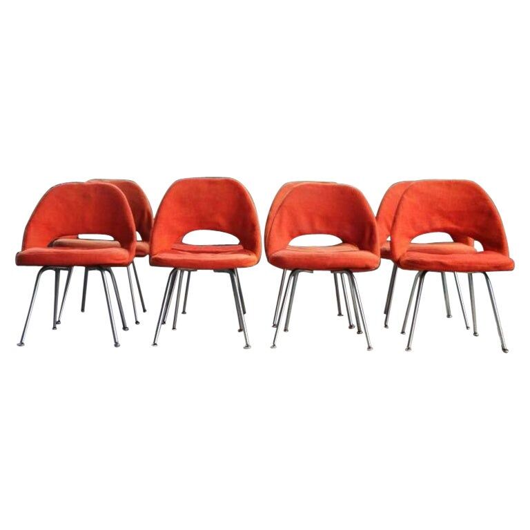 Set of 8 chairs in chrome steel and orange wool, 1960