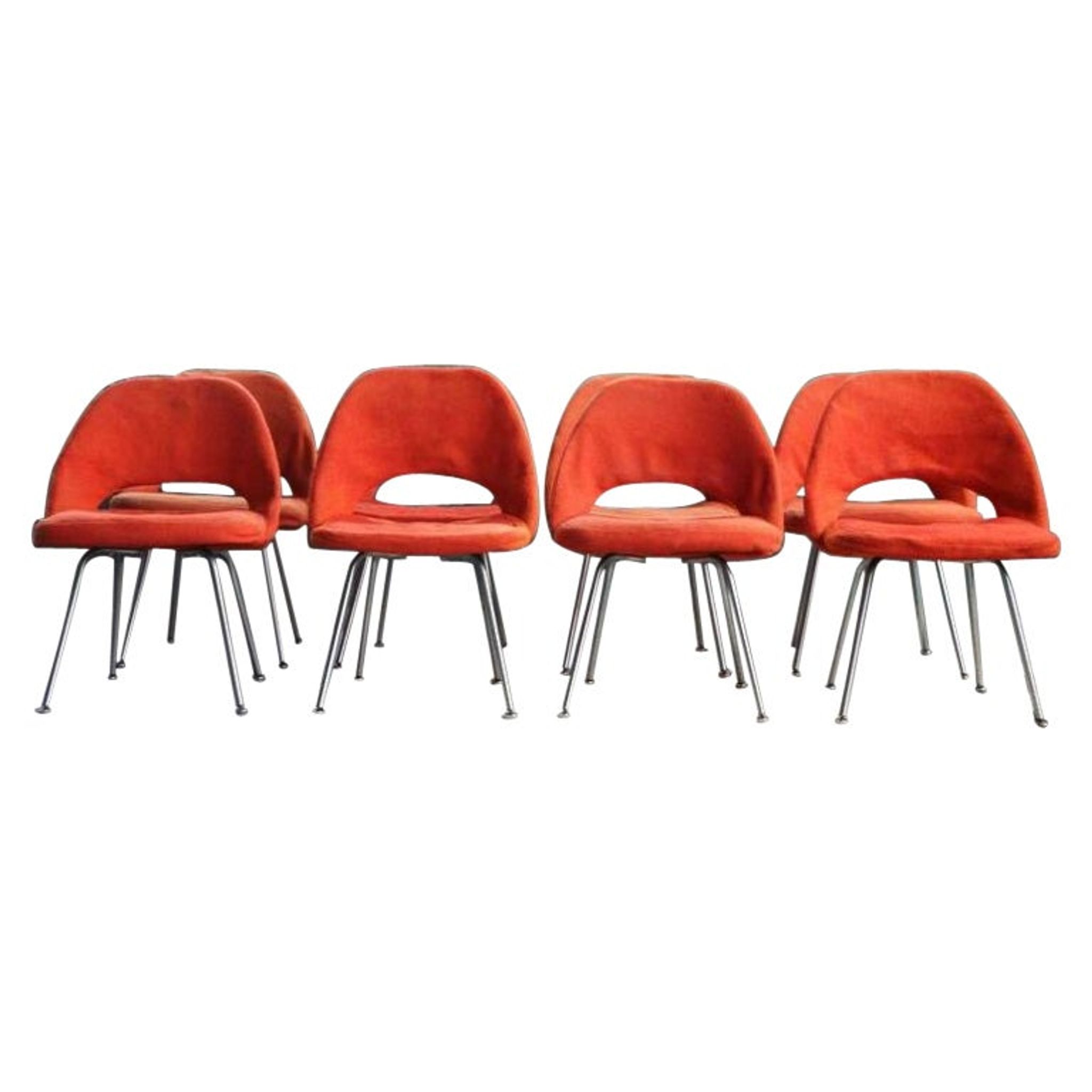 Ensemble de 8 chaises en acier chromé et laine orange, 1960
