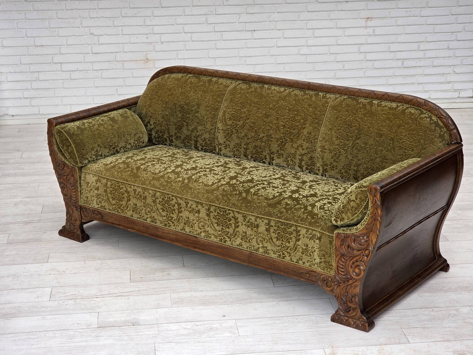 1950s, Danish 3-seater sofa, green furniture velour, oak wood.