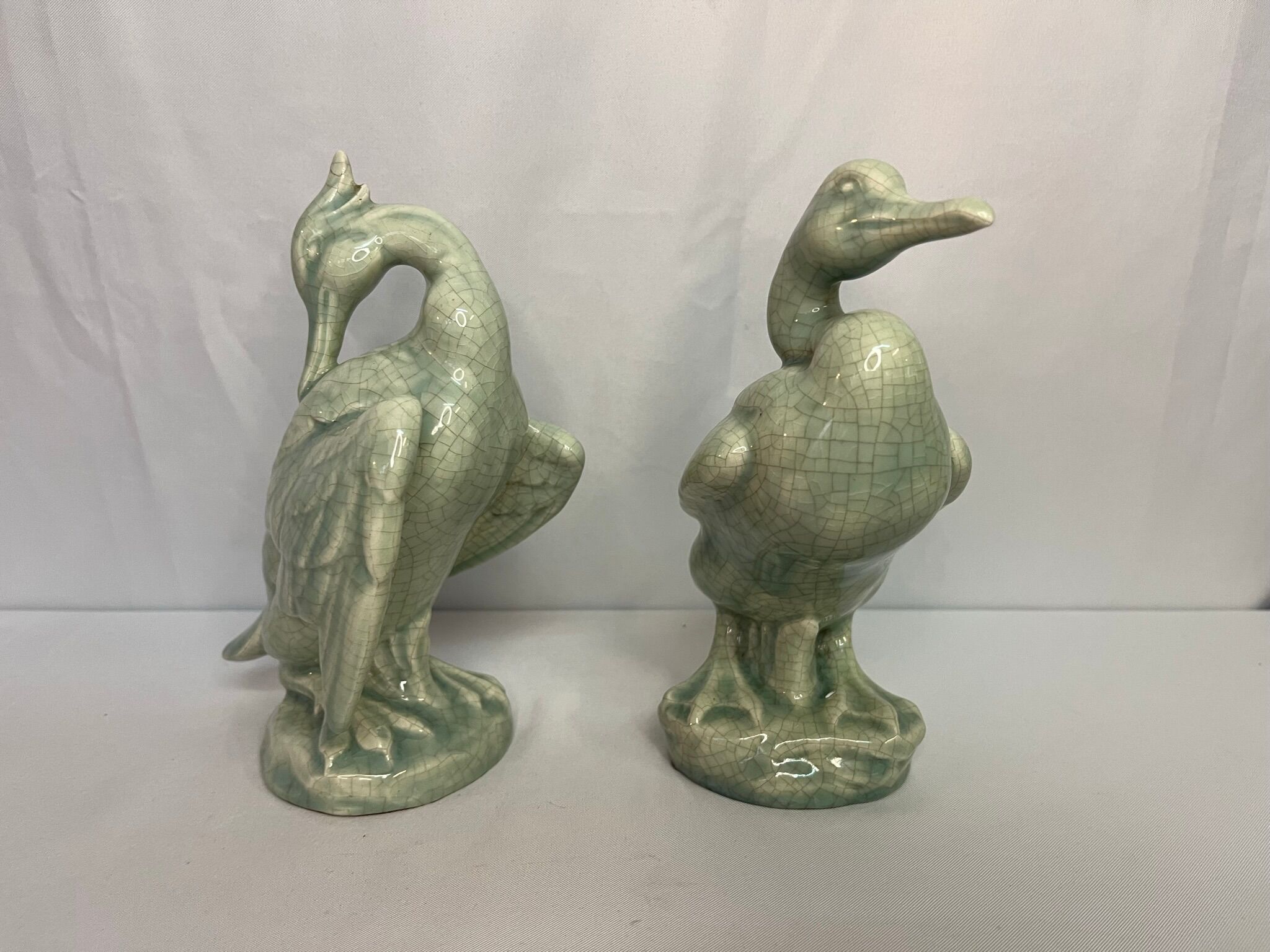 Art Deco Pair cormorants cracked ceramic signed circa 1940