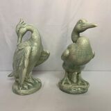 Art Deco Pair cormorants cracked ceramic signed circa 1940