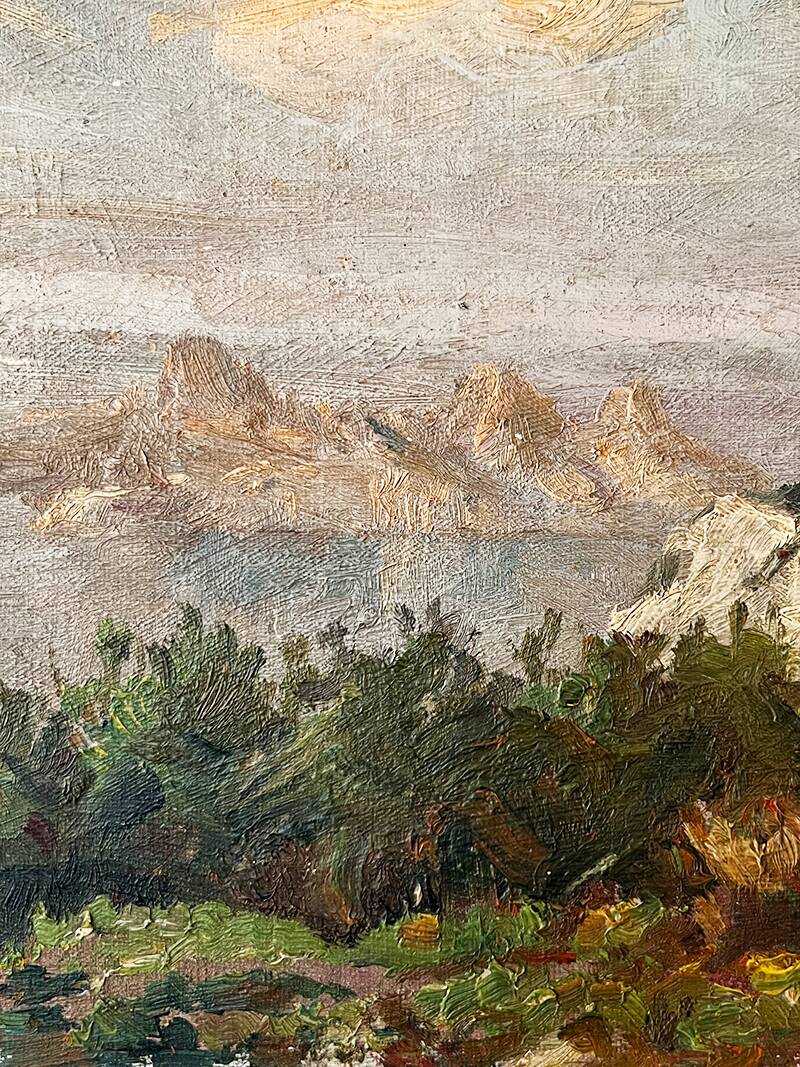 Painting “Seaside View”, oil on canvas glued on hardboard.