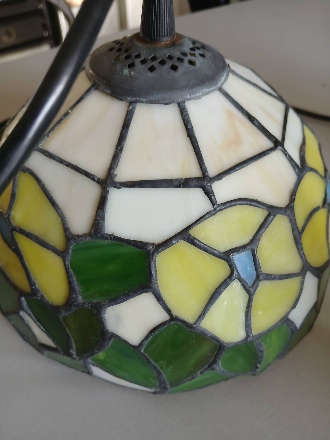 Antique stained glass and tin pendant light