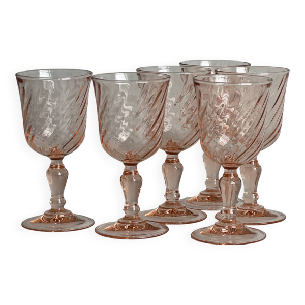 6 verres à liqueur en verre rose torsadé