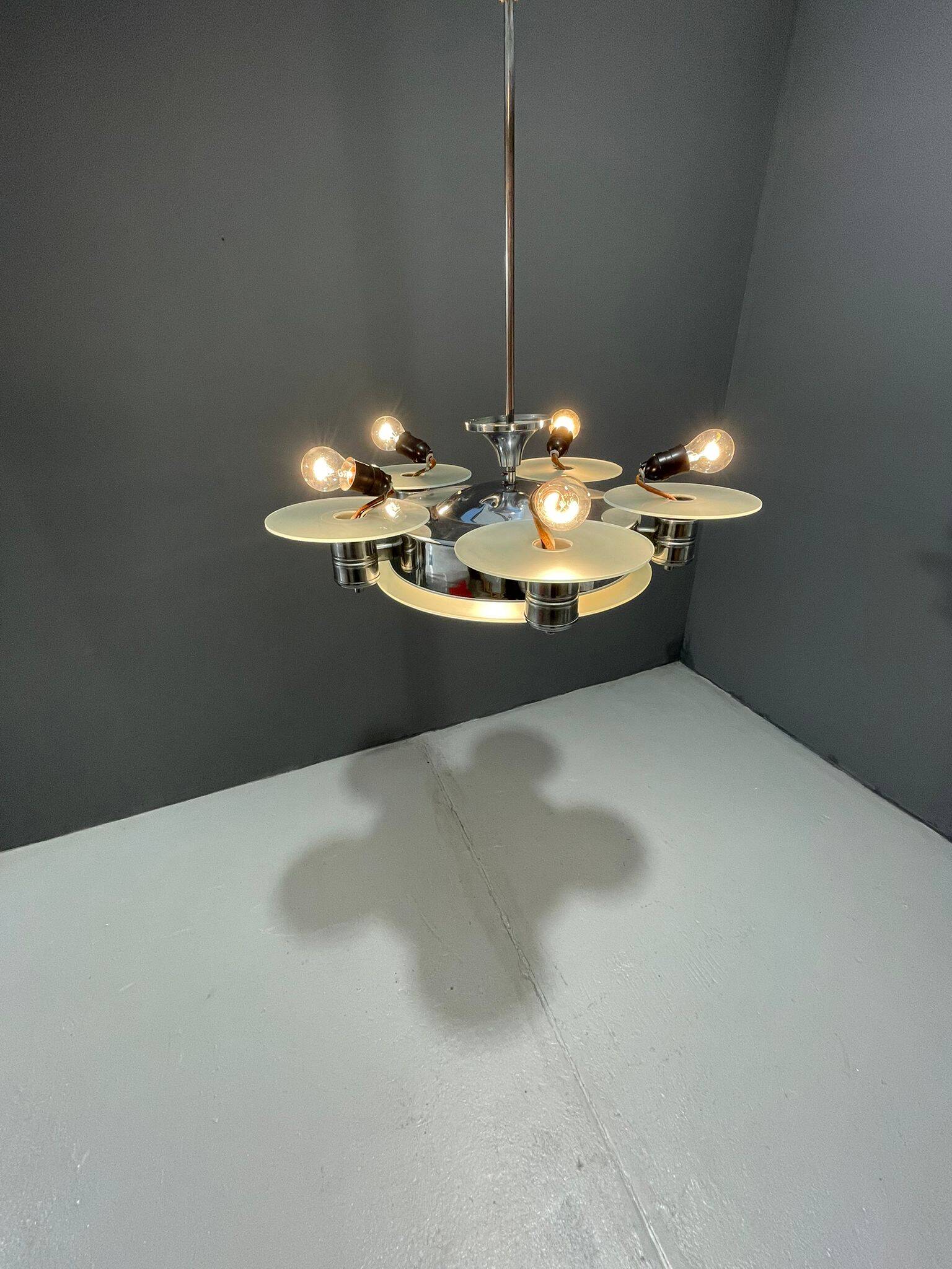 1930s Art Deco Chrome Chandelier with Frosted Glass Disc Shades – Czech Vin
