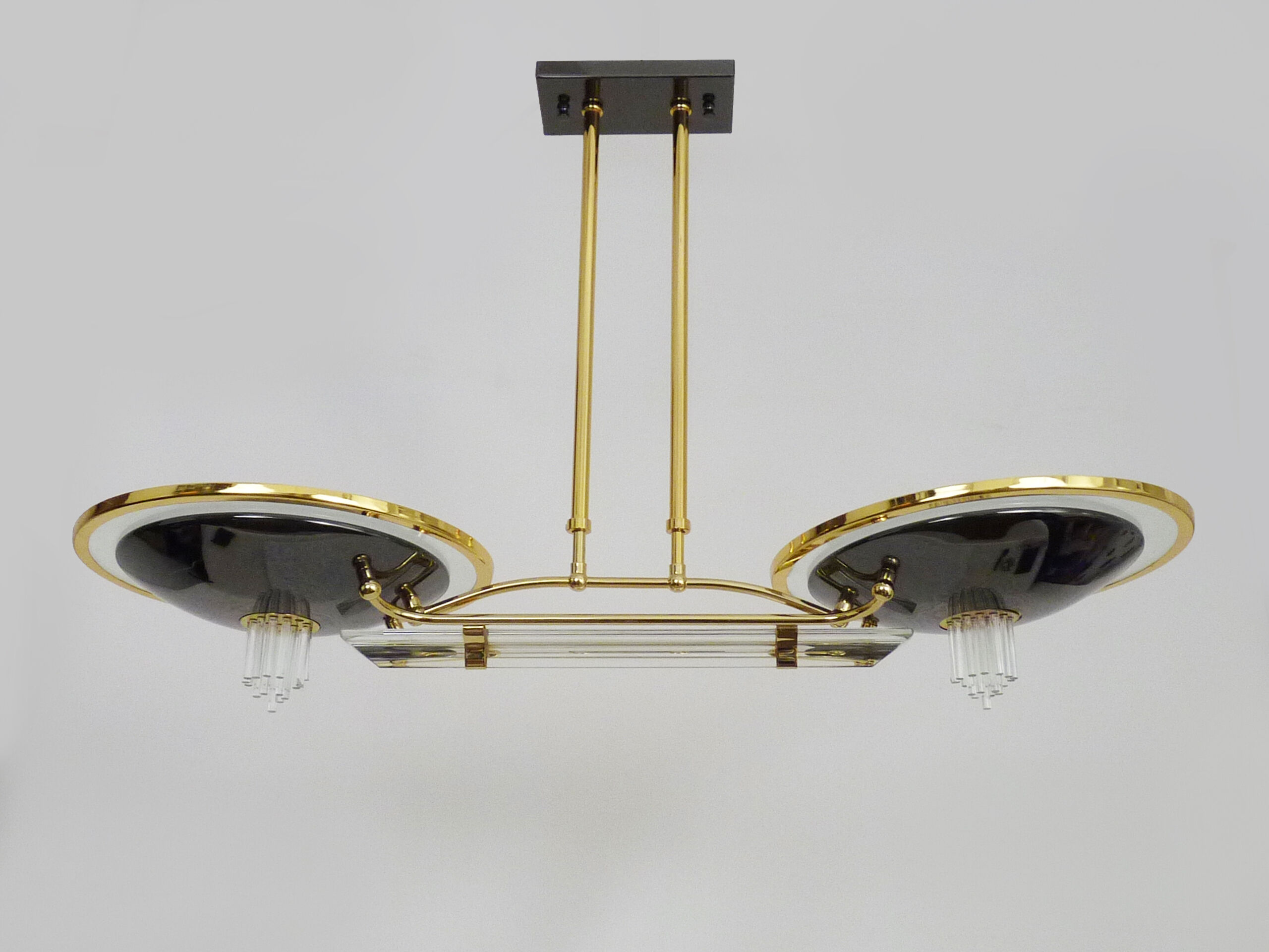 Venini-style halogen chandelier with two arms in brass, anthracite metal and glass. Eighties