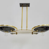 Venini-style halogen chandelier with two arms in brass, anthracite metal and glass. Eighties