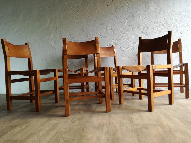 Suite de 6 chaises orme et cuir de la maison regain - circa 1960
