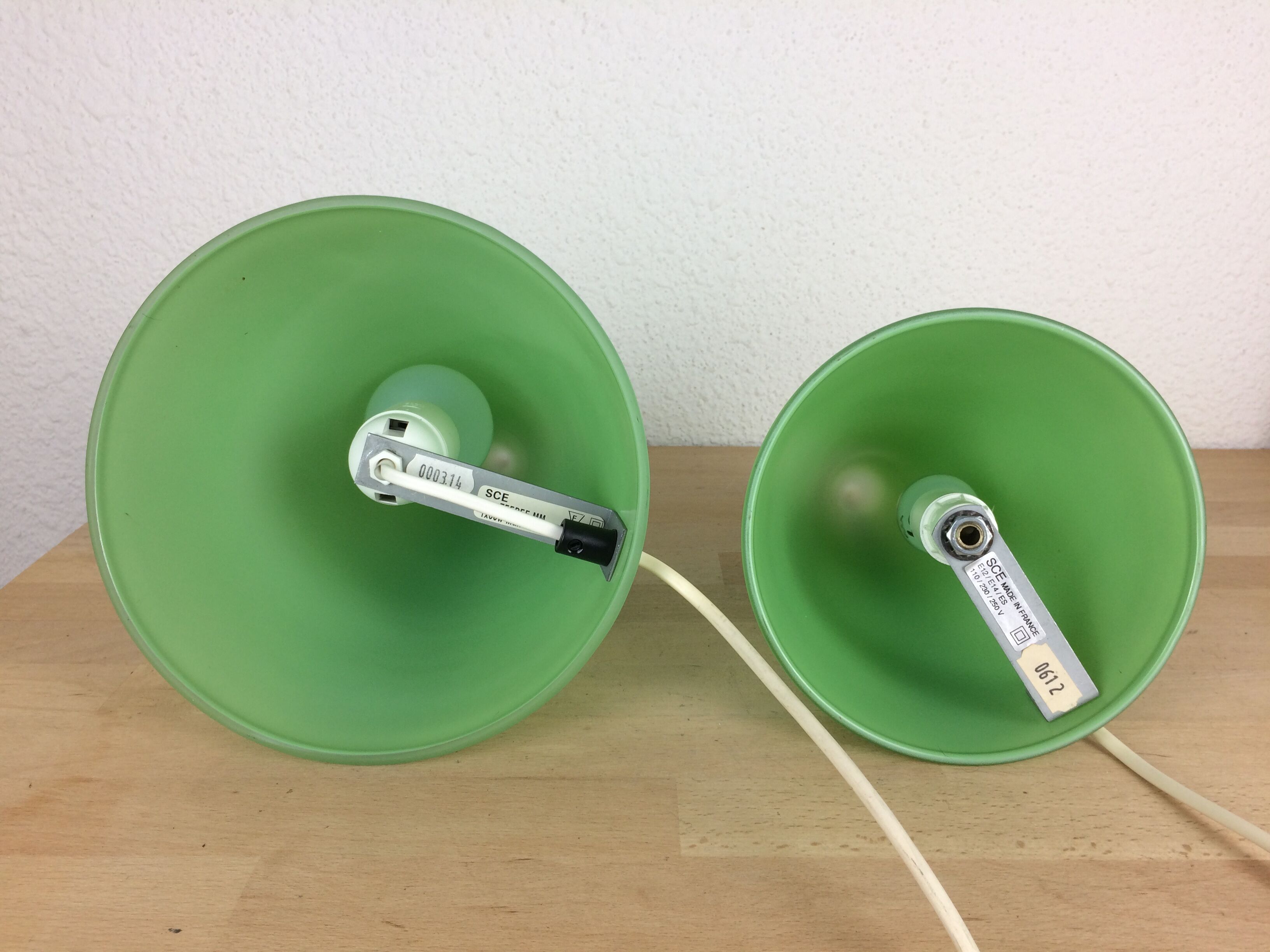 2 Teepee conical lamps by SCE in green glass