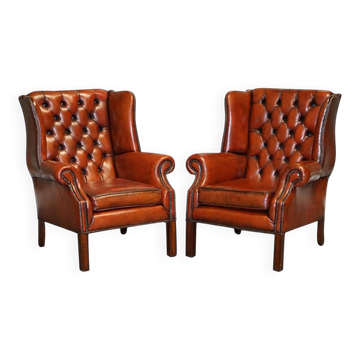 Fauteuils à Oreilles en Cuir Marron Teint à la Main, Set de 2