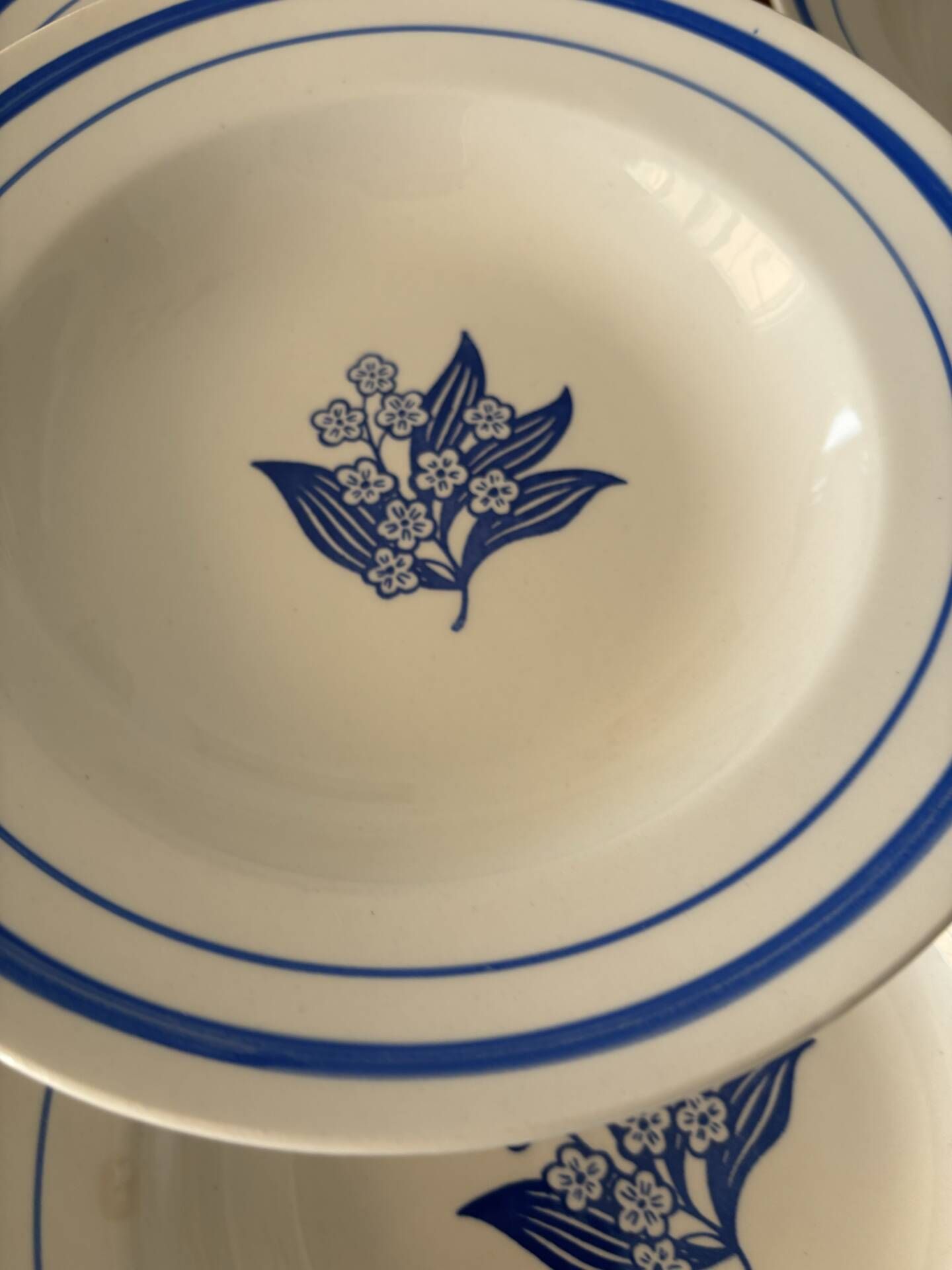 Set of 6 vintage deep plates in earthenware with blue lily of the valley flowers.
