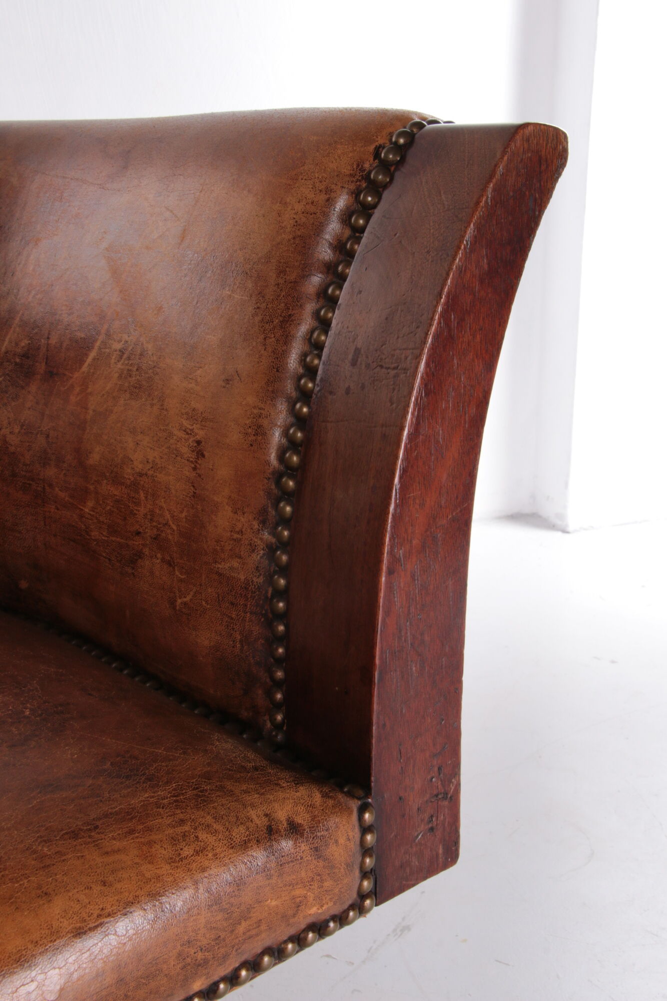 Sheepskin leather desk chair with wooden swivel base, 1970