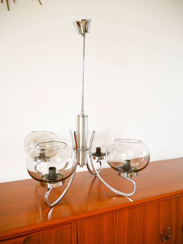 Lustre Gaetano Sciolari, 4 feux, en chrome et verre fumé, 1970
