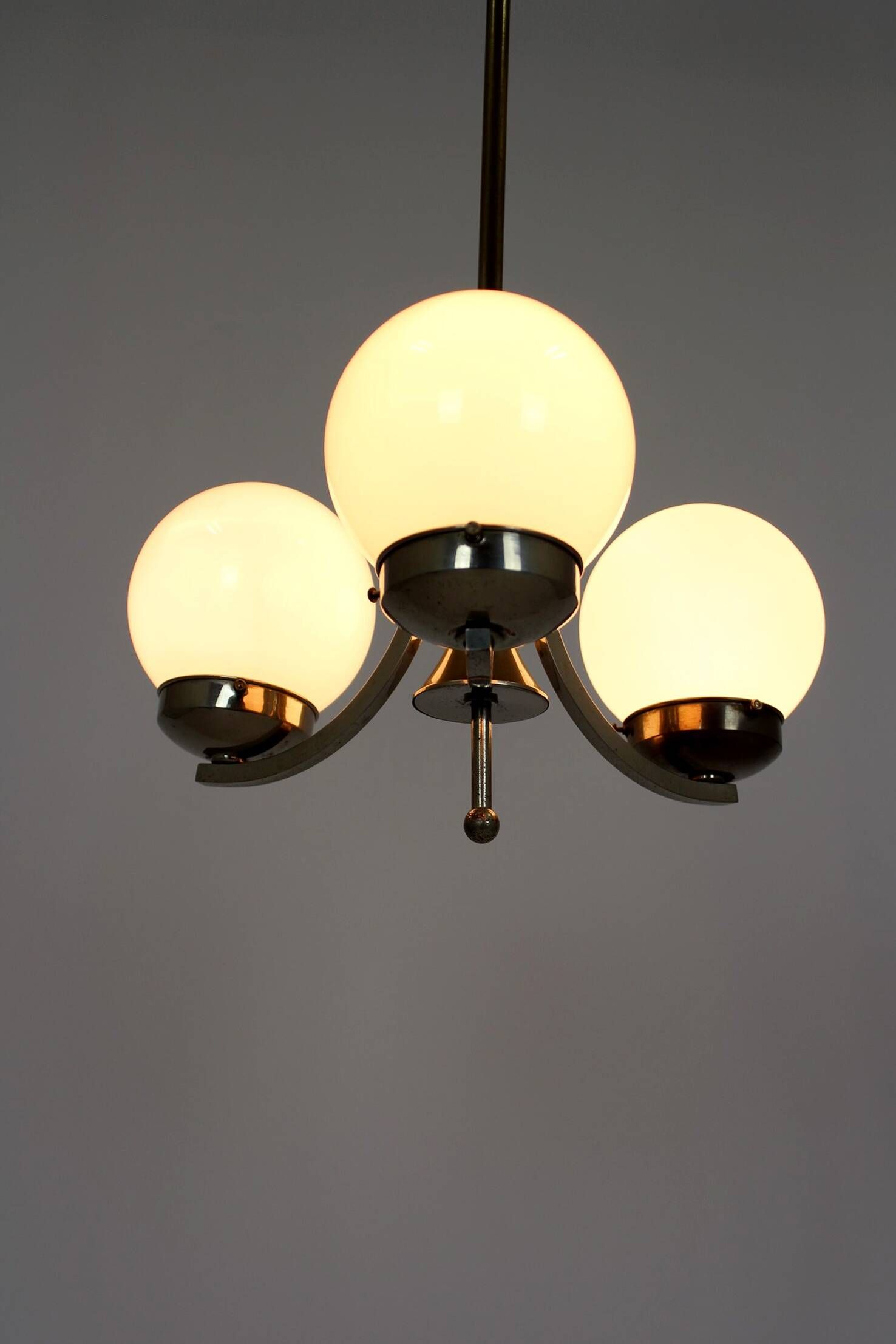 Vintage Czech Bauhaus style pendant light, tall, with opaline glass globes, 1940s