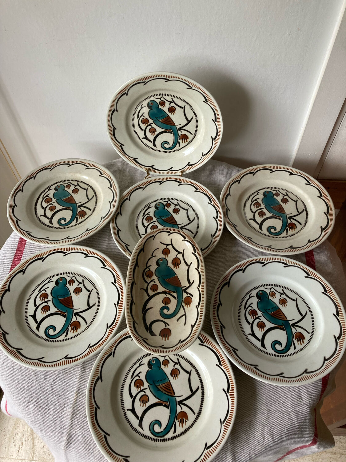Dessert plates and serving dish, K&G Luneville, parakeet model.