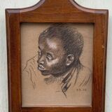Old painting portrait of black boy in charcoal wooden frame signed RD 96