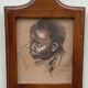 Tableau ancien portrait de garçon noir au fusain cadre en bois signé RD 96