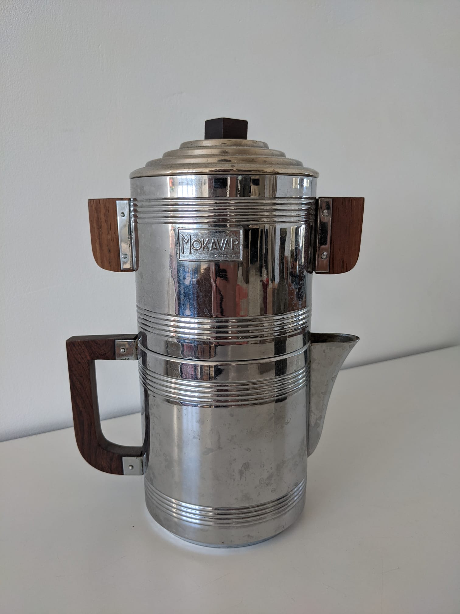 Mokavar metal and wood percolation coffee maker