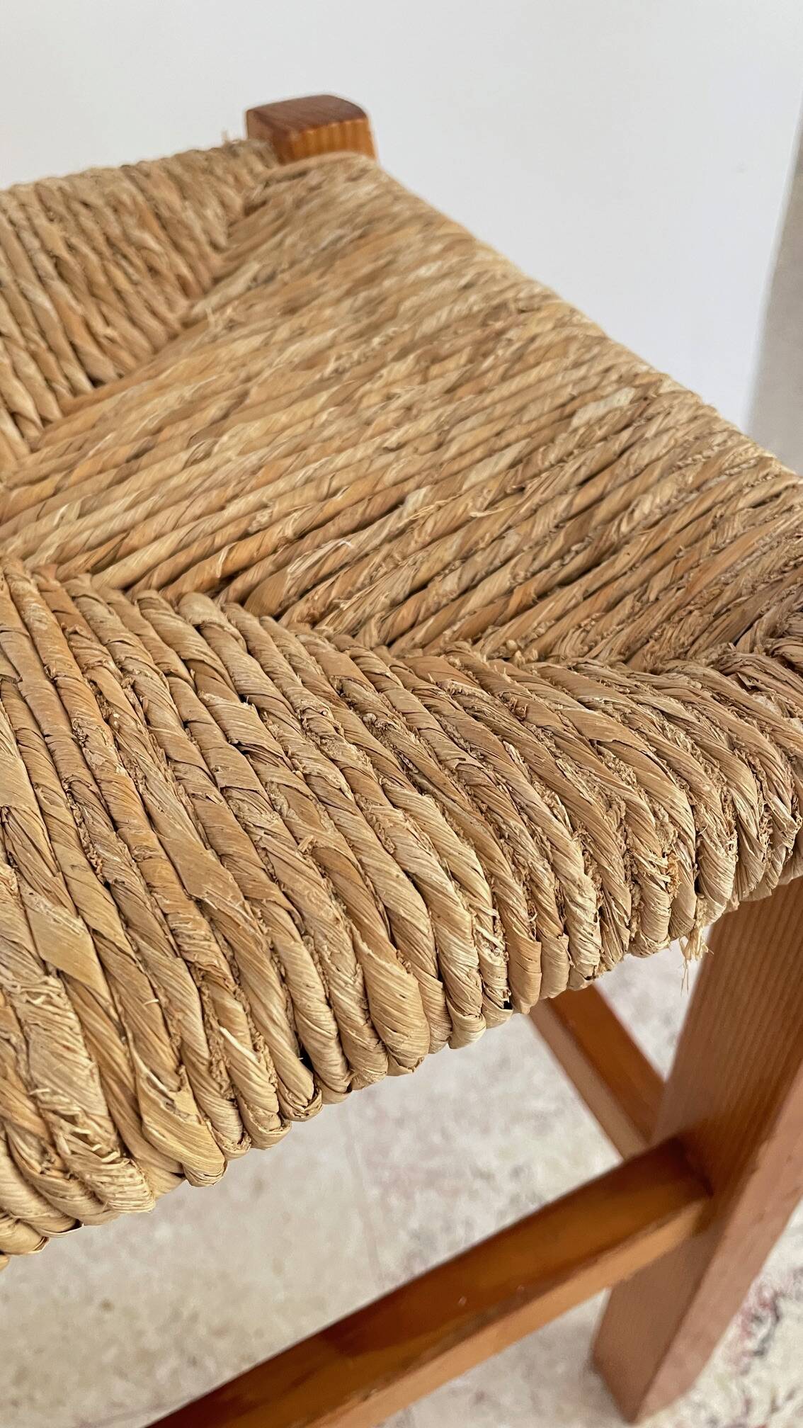 Pair of vintage wooden and straw stools