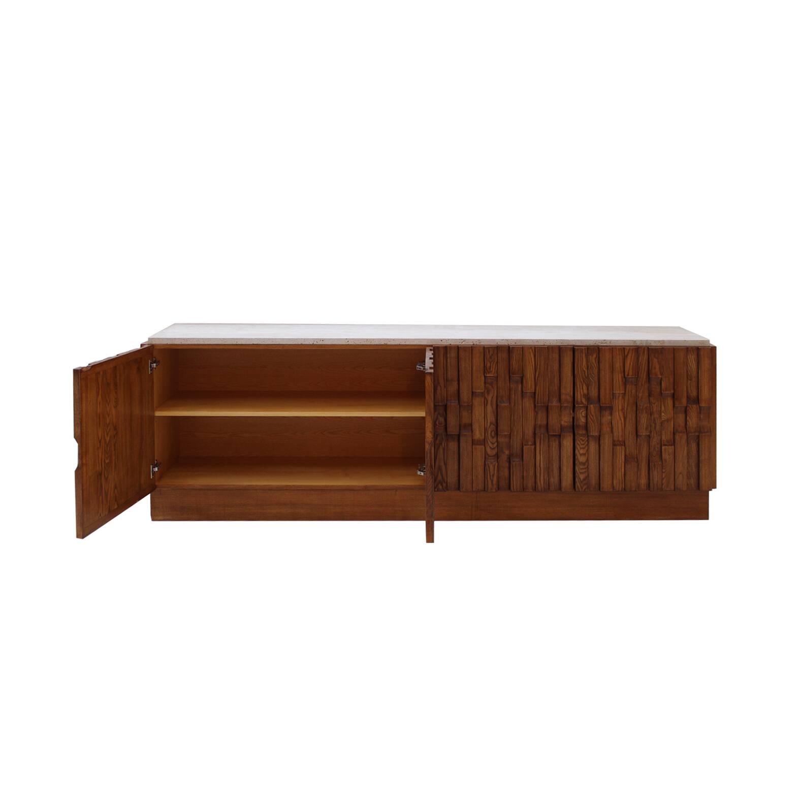Italian Oak Wood Sideboard with Travertine Marble Top and Hand Carved Patte