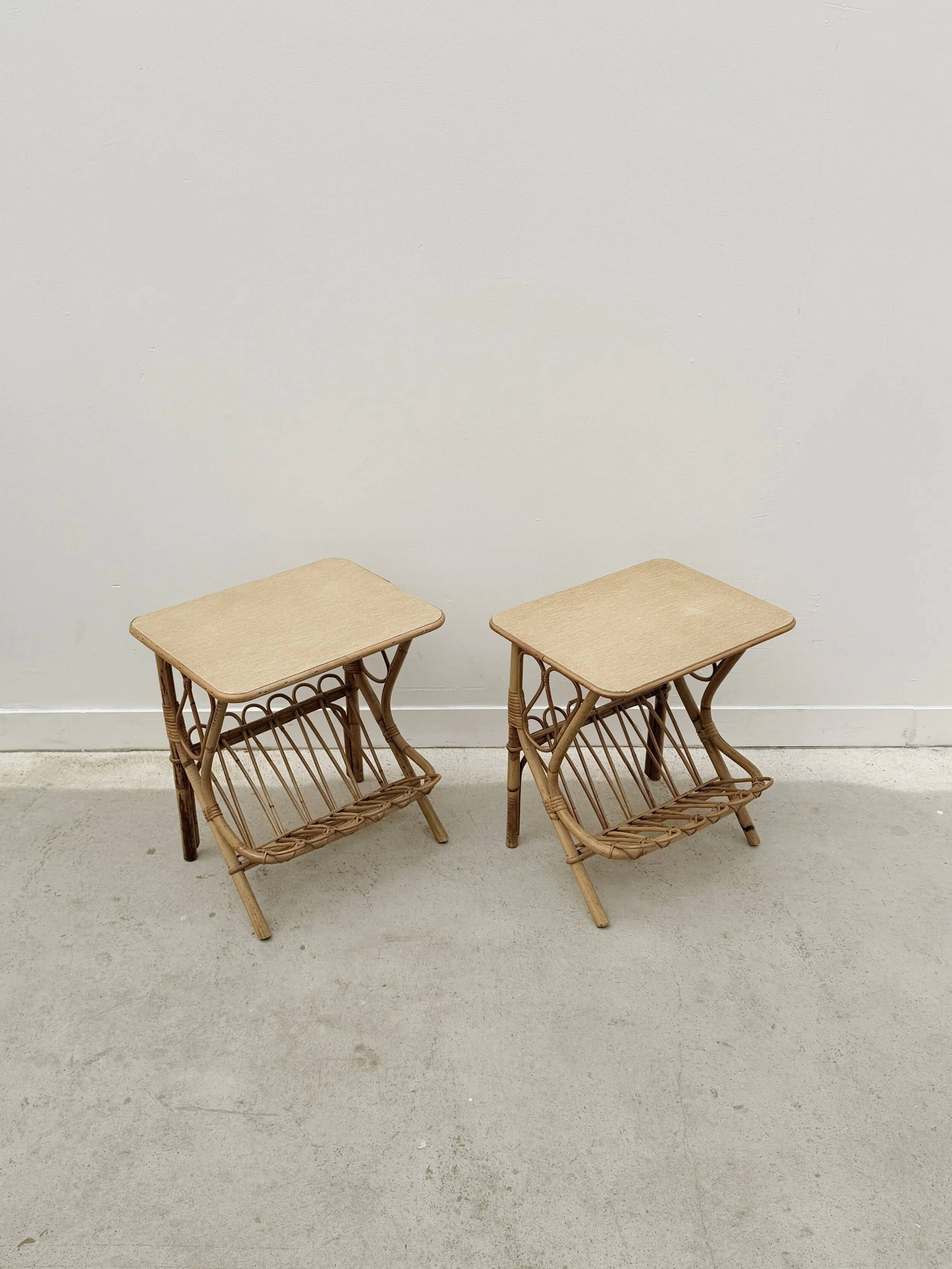 Pair of rattan bedside tables, France 1960