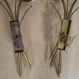 Mid-Century French Brass Sconces • Bullrush Design • Opaque Glass Shades